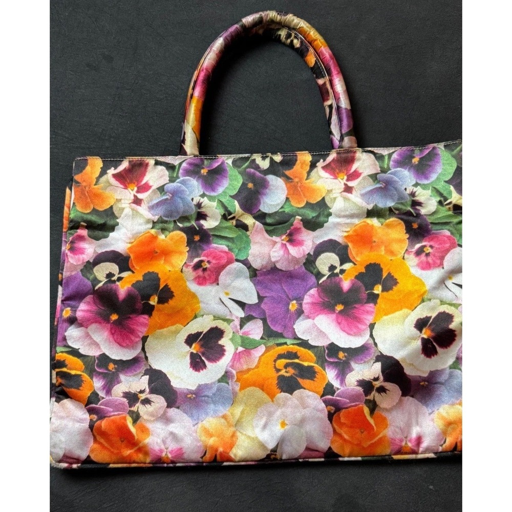 Maria Turgeon Floral Pansy Print Satin Tote Bag Multicolor Handbag Vintage Style